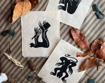 Handmade Linocut Individual Demon Prints on Lokta Paper, small wall art, holiday, devils, halloween, block print art