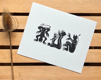 Handmade Linocut  'Three Demons' 8 x 10 inch print, wall art, wine, demon, devils, tryptic, in red and black