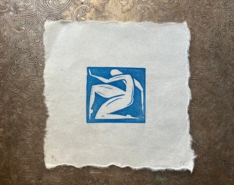 Hand carved figure, human, abstracted body square mini print in blue