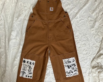 Kid’s Size 10 Carhartt Overalls with Hand Printed Nature Patches on Vinatge Linen