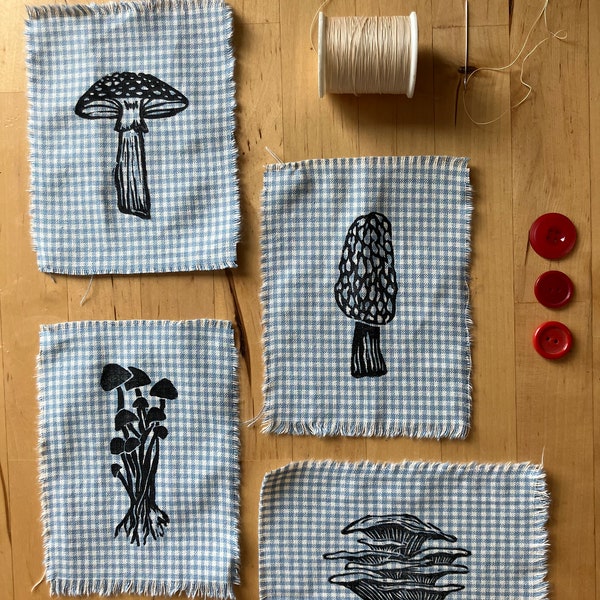 Handprinted Mushroom Patches on blue and white plaid up-cycled cotton