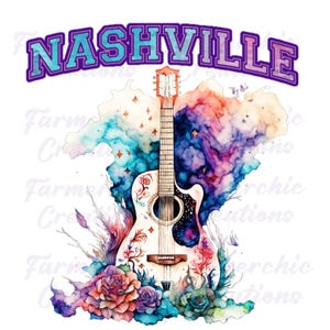 Guitarra de acuarela de Nashville: Música country floral PNG (Descarga digital)