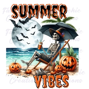 Summerween PNG |Summer Vibes Skeleton PNG – Spooky Beach Halloween Clipart, Skeleton with Pumpkins Digital Download for Sublimation & Crafts
