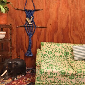 miniature macrame wall hanging with turkey in 1:12 scale
