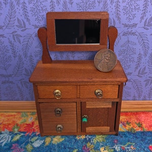 miniature vintage wooden sideboard with mirror in 1:12 scale