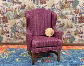 miniature plum silk Chippendale armchair in 1:12 scale