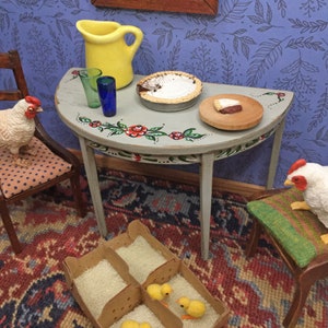 miniature grey floral folk art half moon side table in 1:12 scale