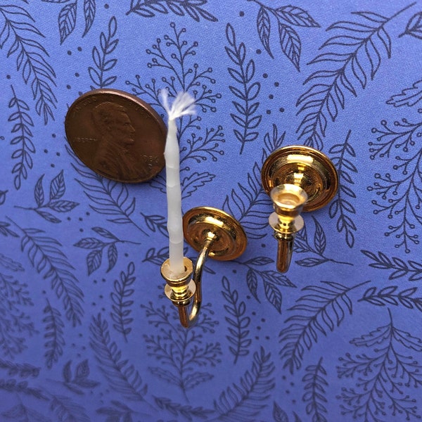 miniature pair of brass wall sconces with candles in 1:12 scale