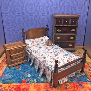miniature walnut stained bed nightstand and dresser set in 1:12 scale