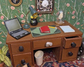 miniature vintage wood office desk in 1:12 scale