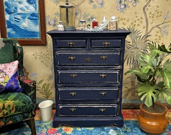 miniature distressed navy blue dresser in 1:12 scale