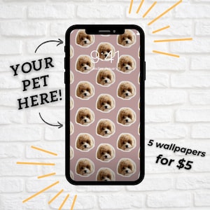 Può includere: Uno schermo di telefono che mostra un motivo di un muso di cane su uno sfondo rosa chiaro. Il testo "YOUR PET HERE!" è sul lato sinistro dell'immagine. Il testo "5 wallpapers for $5" è sul lato destro dell'immagine.