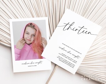 Thirteen Year Old Birthday Invite, 13th Birthday Party Invitation Template, Editable Thirteenth Birthday Invite Photo, 13th Minimalist Bday