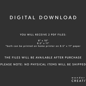 May include: A digital download graphic on a dark gray background. Text includes "DIGITAL DOWNLOAD", details about PDF files in 8" x 10" and 8.5" x 11" sizes, and a note that no physical items will be shipped. The logo for "wander free CREATIVE" is at the bottom.