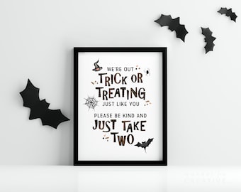 Letrero de Halloween para puerta con dulces, letrero imprimible de dulces, letrero imprimible para porche, letrero de Halloween para pedir dulces, por favor, llévate dos.
