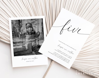 Five Year Old Invite, Birthday Invitation Minimalistic, 5th Birthday Invite Photo Editable, Fifth Birthday Invite Template 5th Birthday