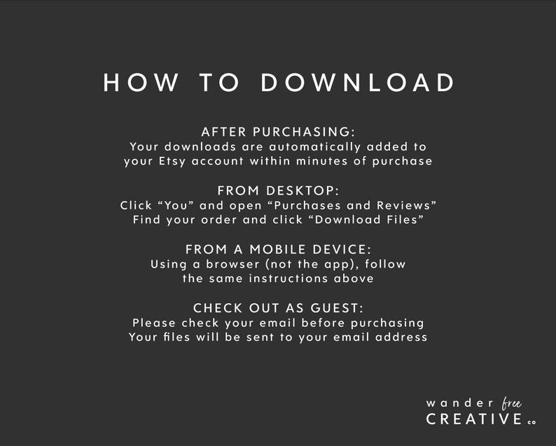 May include: A dark gray graphic with white text providing instructions on how to download digital files after purchase. The text includes steps for desktop and mobile devices, and for guest checkouts. The logo for Wander Free Creative is in the bottom right corner.