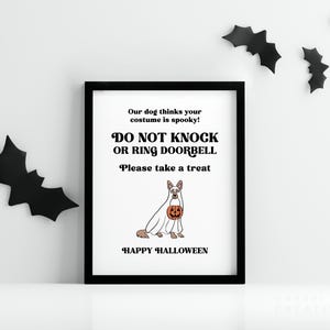 May include: A framed Halloween sign with a black border. The sign reads "Our dog thinks your costume is spooky! DO NOT KNOCK OR RING DOORBELL Please take a treat." A cartoon dog in a ghost costume holds a pumpkin. Black bat decorations are on the wall.
