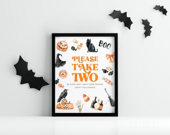 Letrero "Por favor, llévese dos", letrero de puerta para pedir dulces en Halloween, letrero imprimible de dulces de Halloween, letrero de porche para Halloween, letrero de puerta para pedir dulces en Halloween