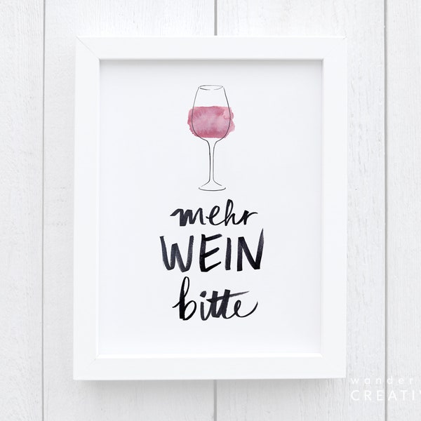 PRINTABLE Cocktail Poster | Bar Cart Poster | Mehr Wein Bitte | German Printable Art | German Language Gift German Poster | Wine Glass Print