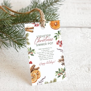 May include: A rectangular tag with the text "Stovetop Christmas Simmer Pot" in red and black. The tag features illustrations of cinnamon sticks, orange slices, berries, and greenery. A twine loop is at the top, and the tag is decorated with pine branches.