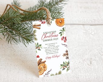 May include: A rectangular tag with the text "Stovetop Christmas Simmer Pot" in red and black. The tag features illustrations of cinnamon sticks, orange slices, berries, and greenery. A twine loop is at the top, and the tag is decorated with pine branches.