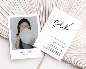 Six Year Old Birthday Invite, 6th Birthday Invitation Photo, 6th Birthday Invite Template Editable, Sixth Birthday Party Invite Minimalistic