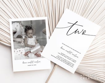Two Year Old Birthday Invite, 2nd Birthday Invitation Template, Editable Second Birthday Photo Invite, 2nd Birthday Invite Minimalistic