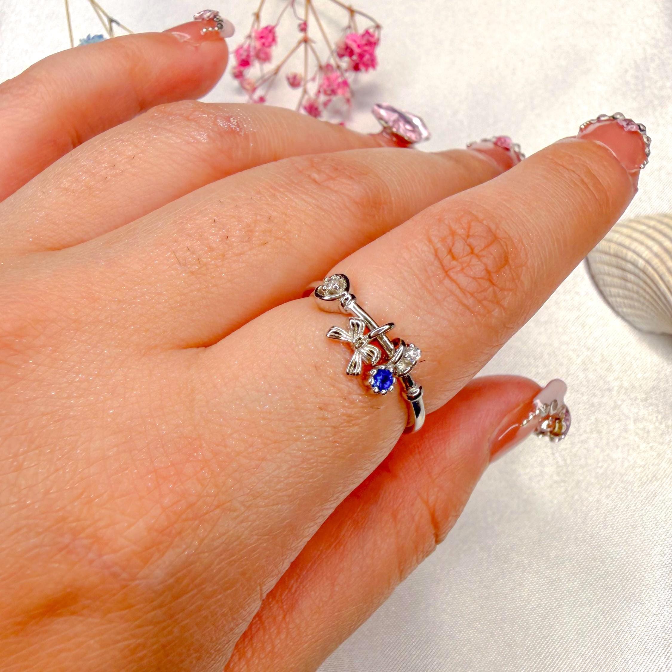 S925 Sterling Silver Charm Ring With Blue Sapphire & Bow Dangle Ring ...