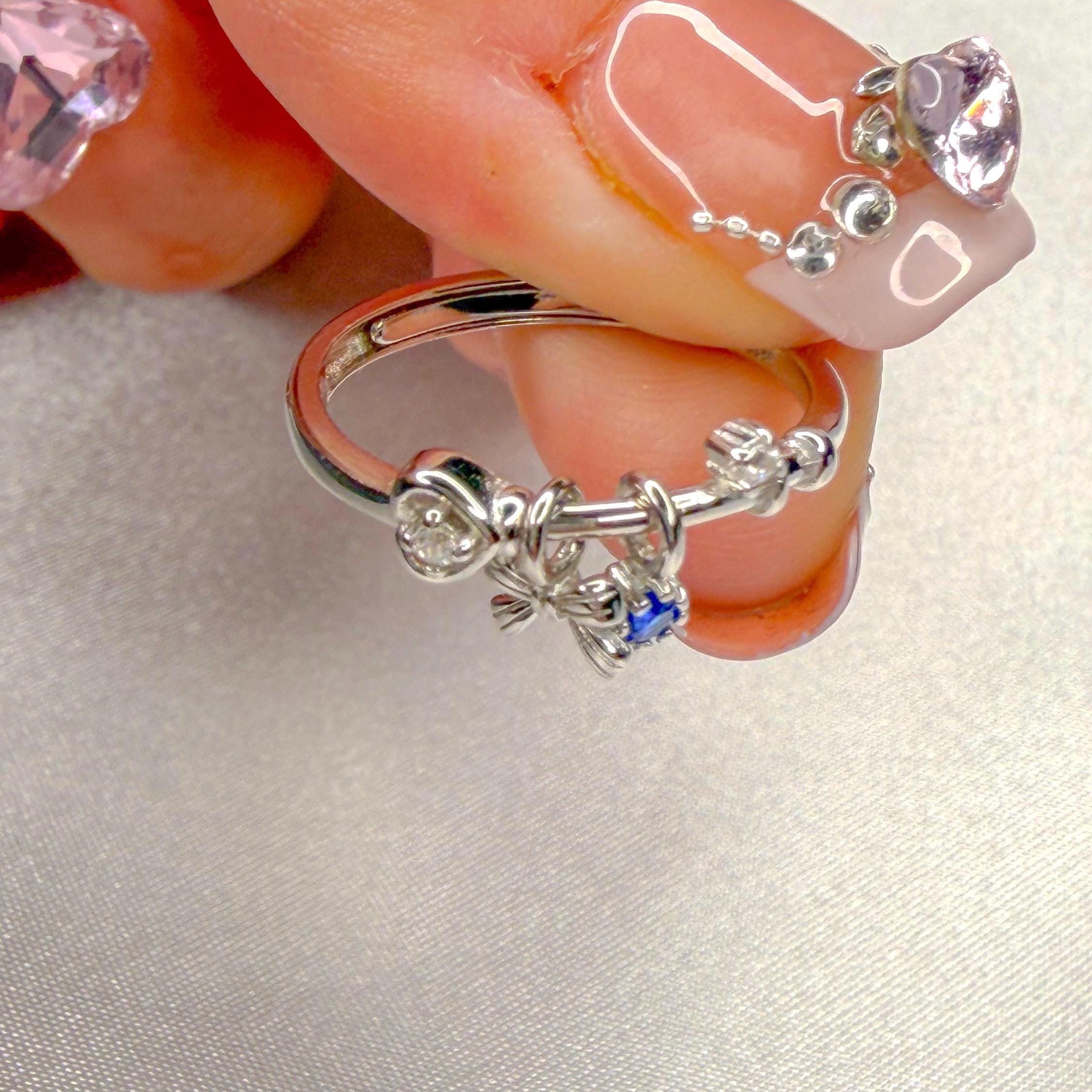 S925 Sterling Silver Charm Ring With Blue Sapphire & Bow Dangle Ring ...