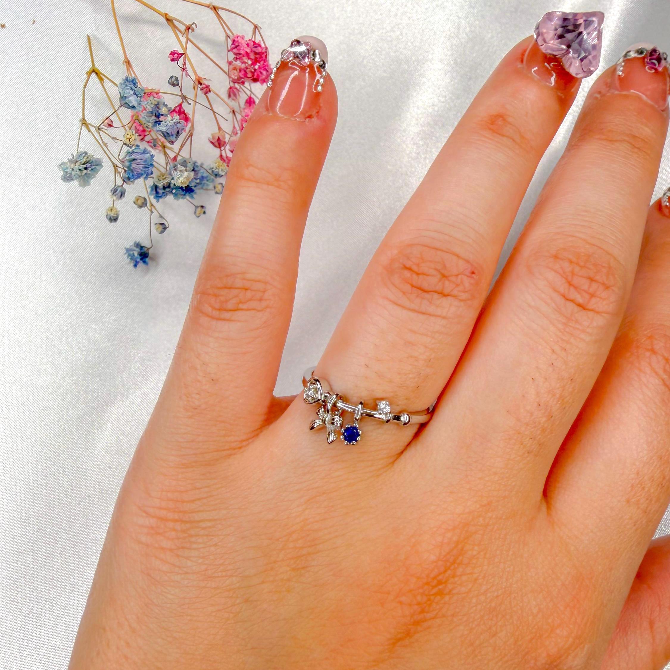 S925 Sterling Silver Charm Ring With Blue Sapphire & Bow Dangle Ring ...