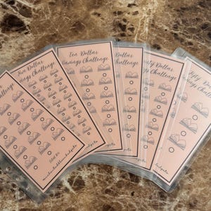 May include: A collection of pink savings challenge cards with black text and book illustrations. Each card is labeled with a dollar amount and the words "Savings Challenge". The cards are in clear plastic sleeves.