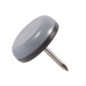 May include: A grey and black furniture glide with a nail for attaching to furniture legs.