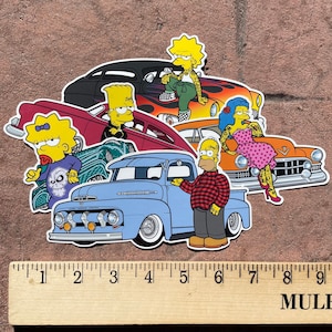 May include: A set of five stickers featuring characters from the Simpsons cartoon. The stickers depict the characters in a vintage car setting. The characters include Homer, Marge, Bart, Lisa, and Maggie. The stickers are printed on high-quality vinyl and are perfect for decorating laptops, water bottles, and other surfaces.
