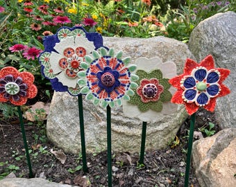Set of 5 Everlasting Ceramic Flowers, Vivid Purple, Orange, and Greens, indoor-outdoor decor, great gift, DGrahamPottery