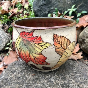 May include: A ceramic bowl with a white glaze and a design of fall leaves in shades of red, yellow, and orange.