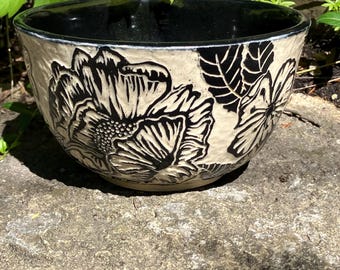 Beautiful Bowl, Sgraffito bouquet, Wheelthrown, handcarved, Great Gift, DGrahamPottery