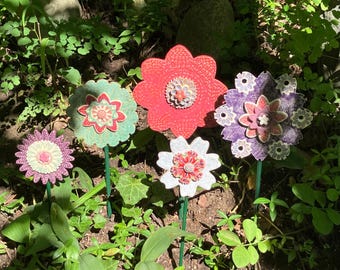 Set of 5 Everlasting Ceramic Flowers, Beautiful, Purples, Pinks, and Greens, indoor-outdoor decor, lovely gift, DGrahamPottery