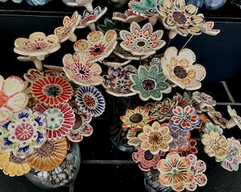 Buff Stoneware Flower Bouquets, Everlasting Ceramic Indoor-Outdoor Garden Art, Varied size bouquets, DGrahamPottery