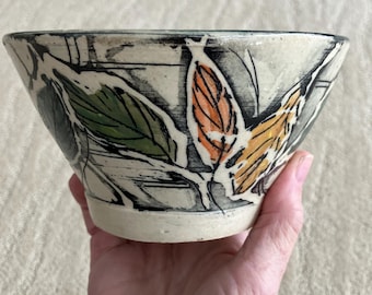 Delicate Ramen bowl, decorative handpainted leaf bowl,  beautiful gift, Asian Inspired, wheel thrown, handmade pottery, DGrahamPottery