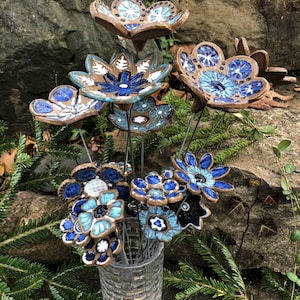 Set of 6 mixed size, BROWN Stoneware, Everlasting Blue Glazed Ceramic Flowers, reclaimed materials, garden home gift, DGrahamPottery