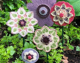Set of 5 Everlasting Ceramic Flowers, Beautiful, Purples and Pinks, indoor-outdoor decor, great gift, DGrahamPottery