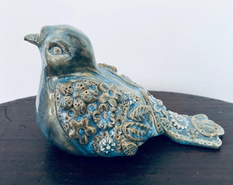 Blue Bird of Happiness, Hand-made Sculpted Bird, Stoneware Pottery, DGrahamPottery