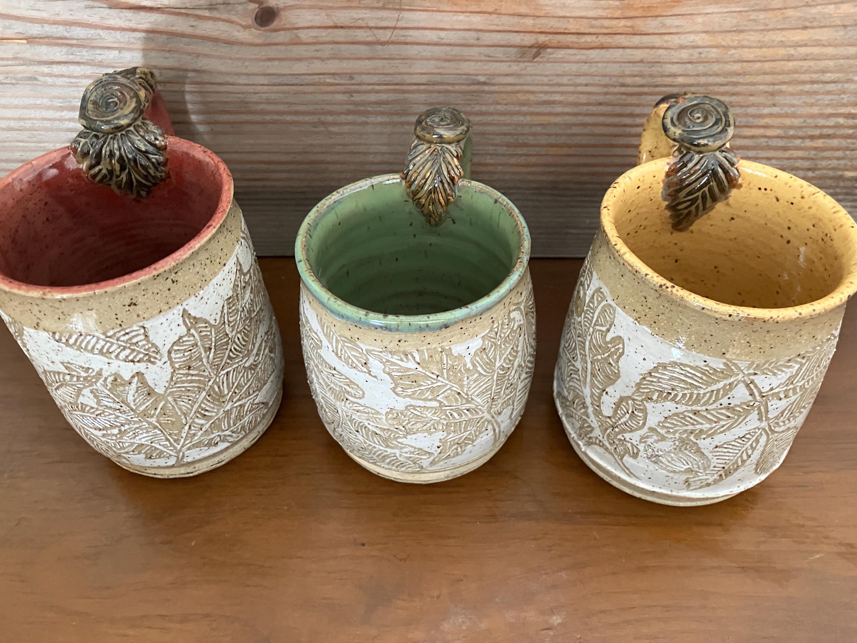 Nature Lover Coffee Mugs, Wheel-thrown, Sgraffito carving, Beautiful handmade gifts, DGrahamPottery