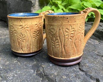 Hand-carved wheel-thrown, Wheat pattern stoneware mugs, DGrahamPottery