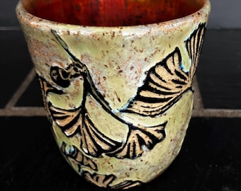 Ginkgo Leaves Cup, Wheelthrown Stoneware Pottery, Hand drawn and carved, DGrahamPottery