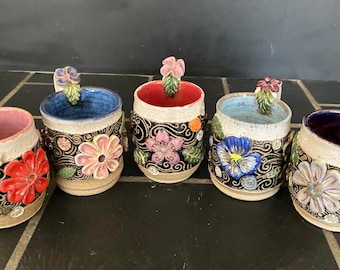 Whimsical Folk Art Coffee Mugs, Charming Gifts for her, Wheel-thrown Pottery, DGrahamPottery