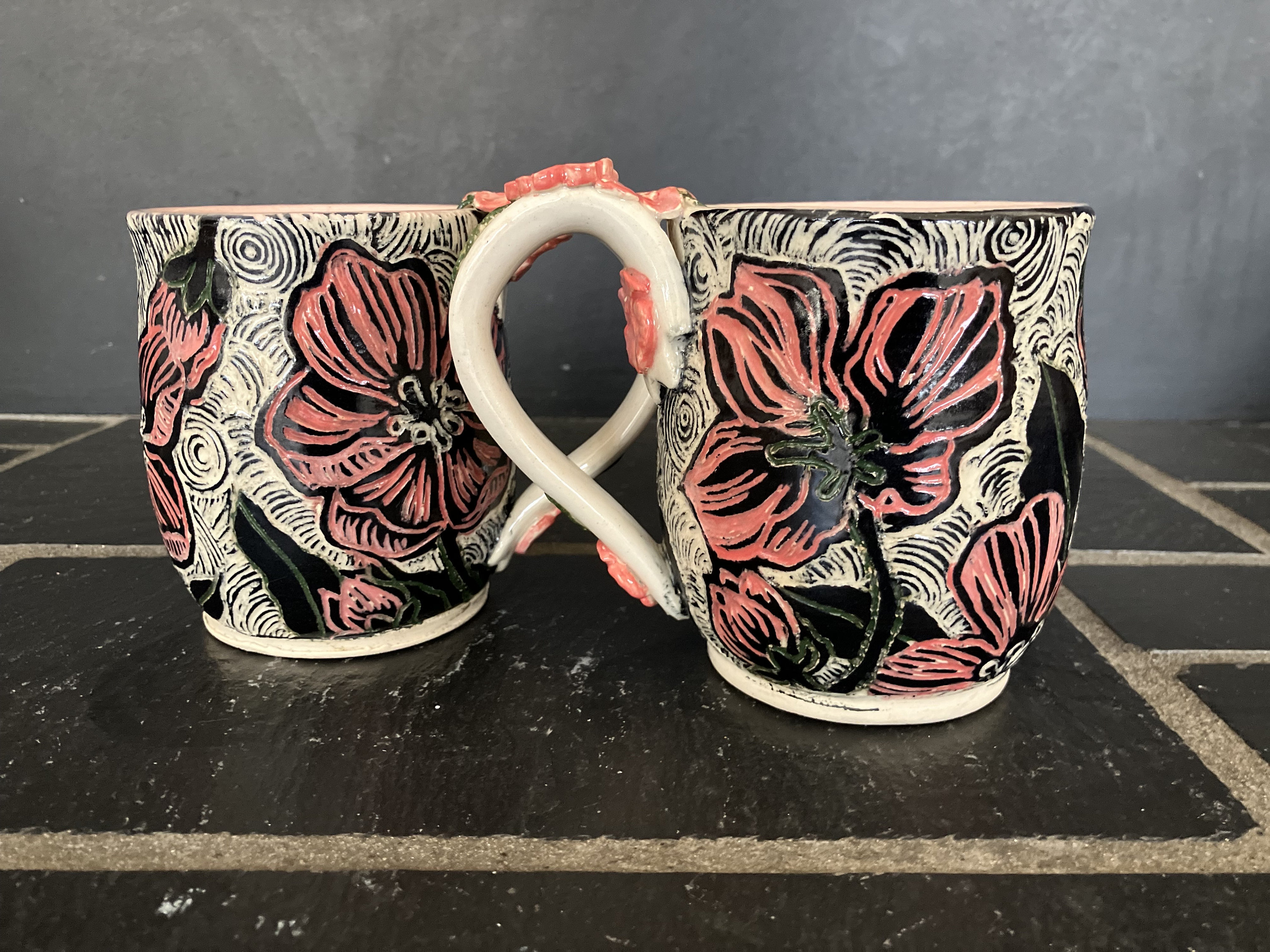 Sgraffito Cherry Blossom Coffee Mug: Wheel-thrown Stoneware