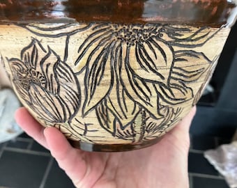 Beautiful Agateware Bowl, Mishima Floral bouquet, Wheelthrown, handcarved and painted, Great Gift, DGrahamPottery