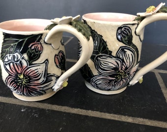 Delicate Apple Blossom Sgraffito Mugs, Great Gift for Her, Wheel-thrown and hand-carved, DGrahamPottery